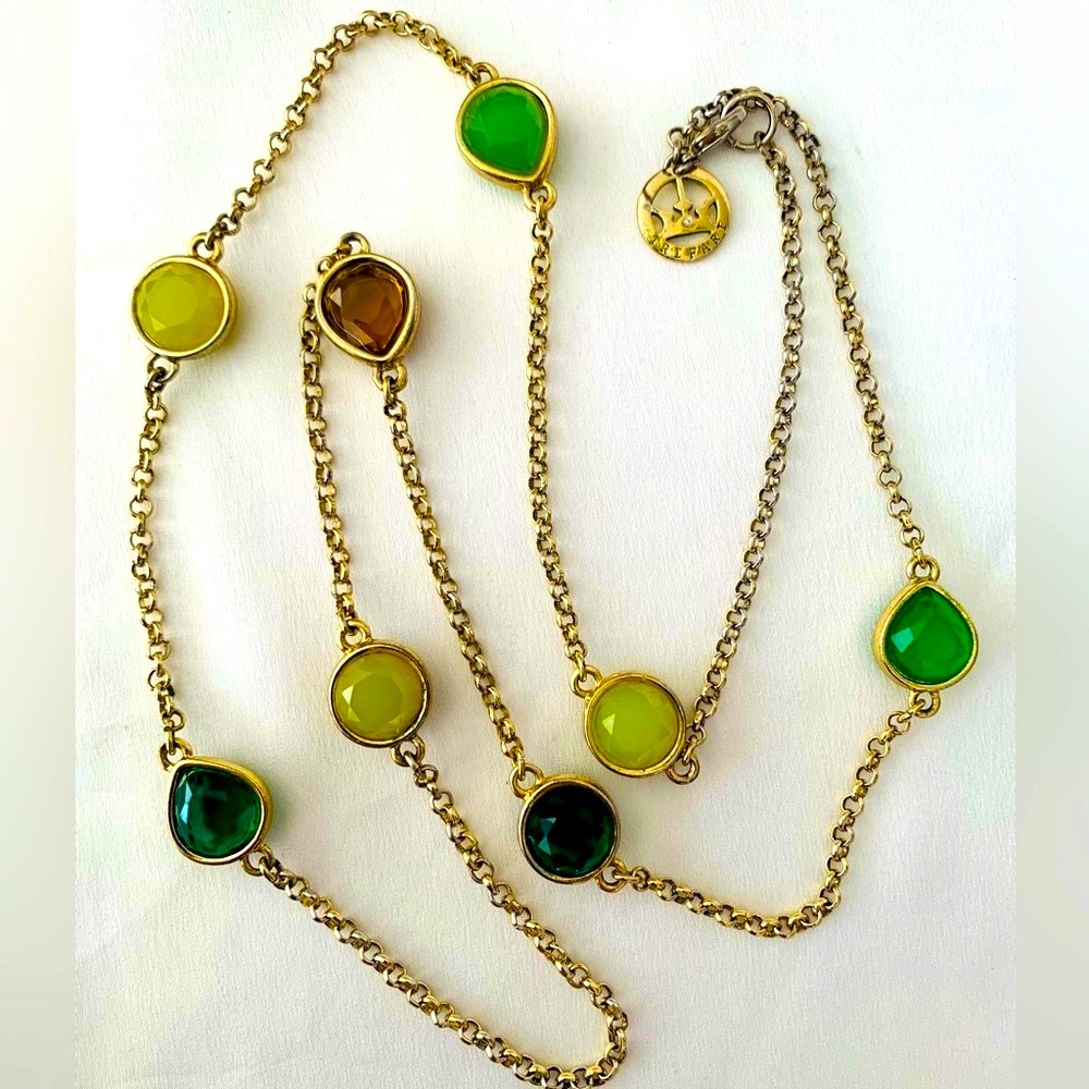Crown Trifari Glowing Glass Green and Amber Crystal Vintage Necklace